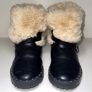 Pre-Owned Black Zara Girls Kids Faux Leather Fur Trim Biker Boots Size 31 Cute